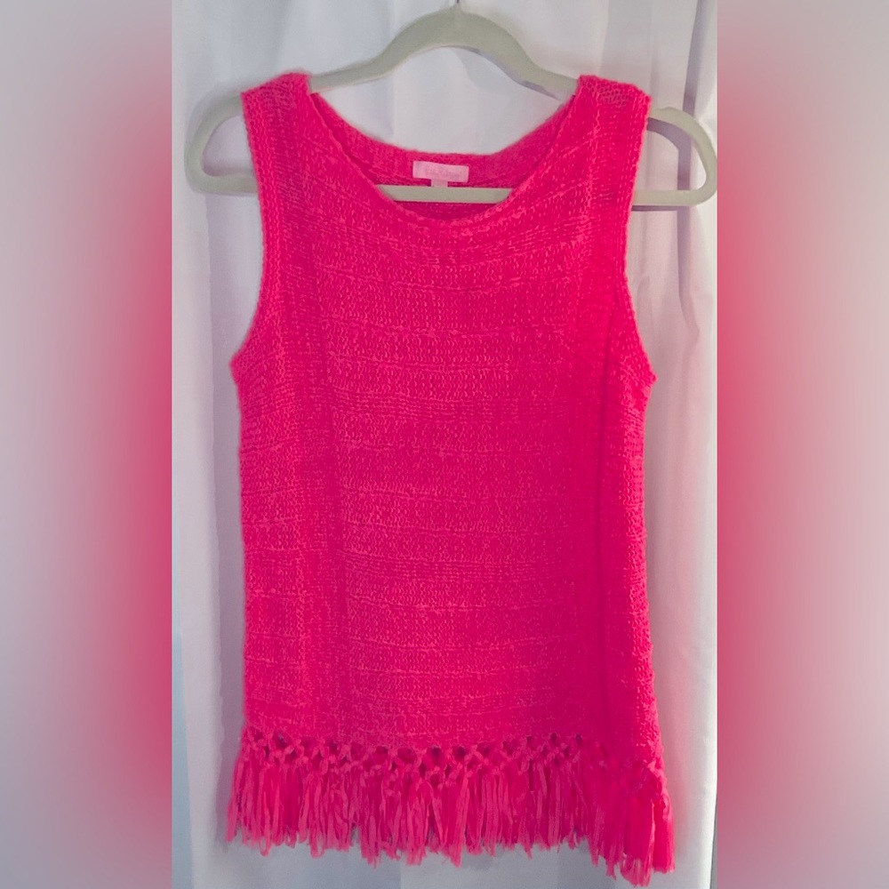 Lilly Pulitzer Luca Lua Sweater Tunic Pink Fringe Hem Sleeveless Size M, NWOT